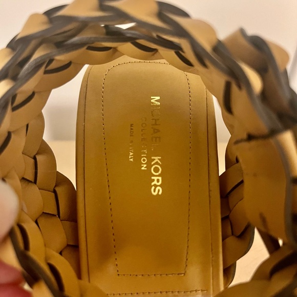 Michael Kors Collection - Pippa | Brown Leather Braided Heeled Sandal Block Heel - Picture 4 of 6